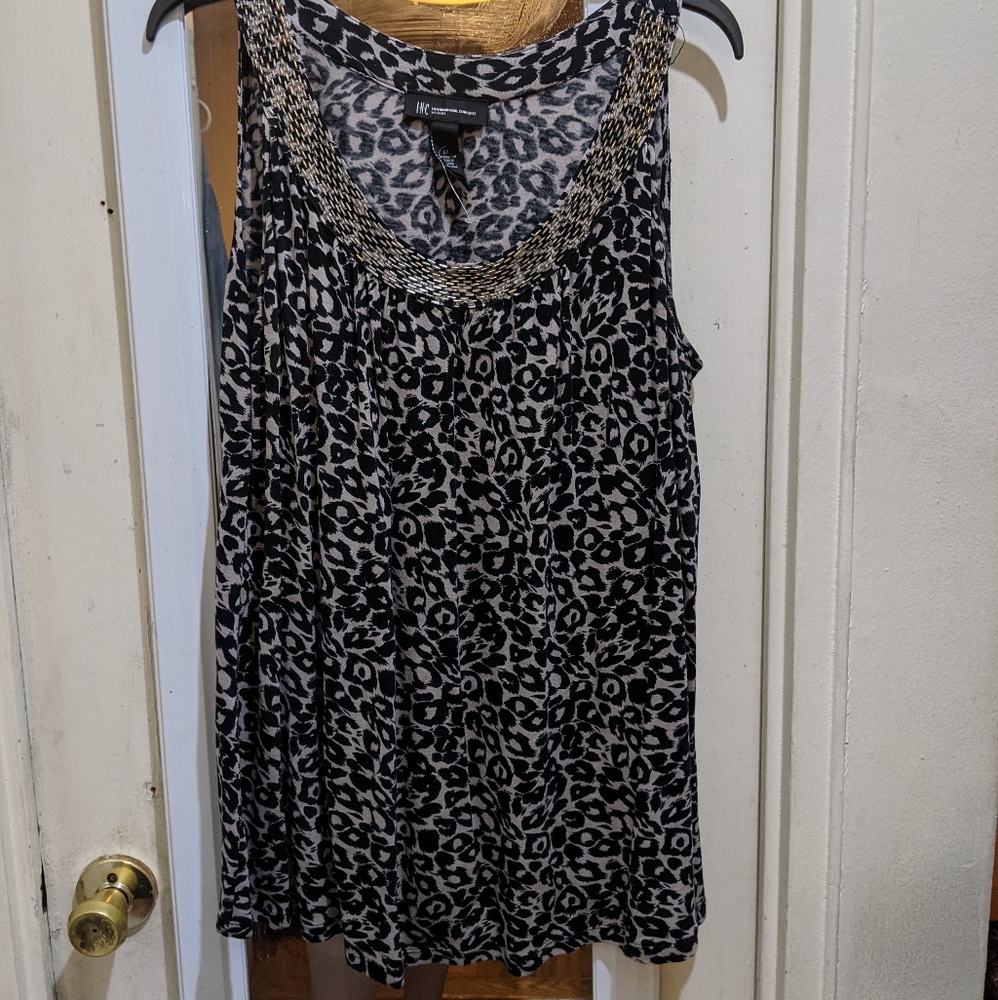 INC Sleeveless animal top w/ beaded neck